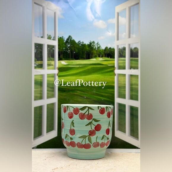 Cherry Patterned Blue/Red Ceramic Planter without drainage hole - Picture 9 of 9